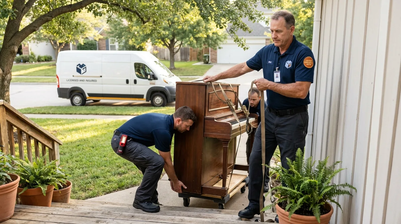 Licensed piano movers securing grand piano in Buffalo, WV